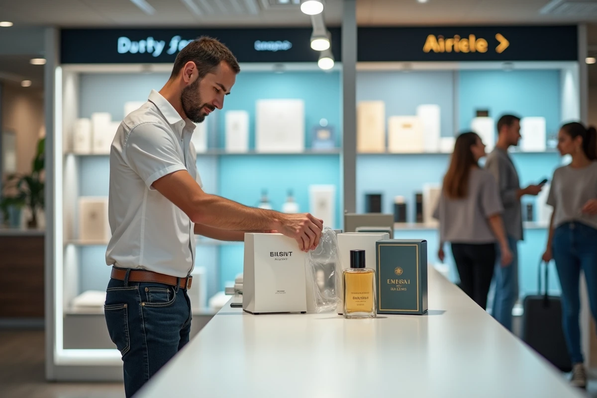 Homme achetant des parfums en duty-free à l'aéroport espagnol dans un sac réglementaire