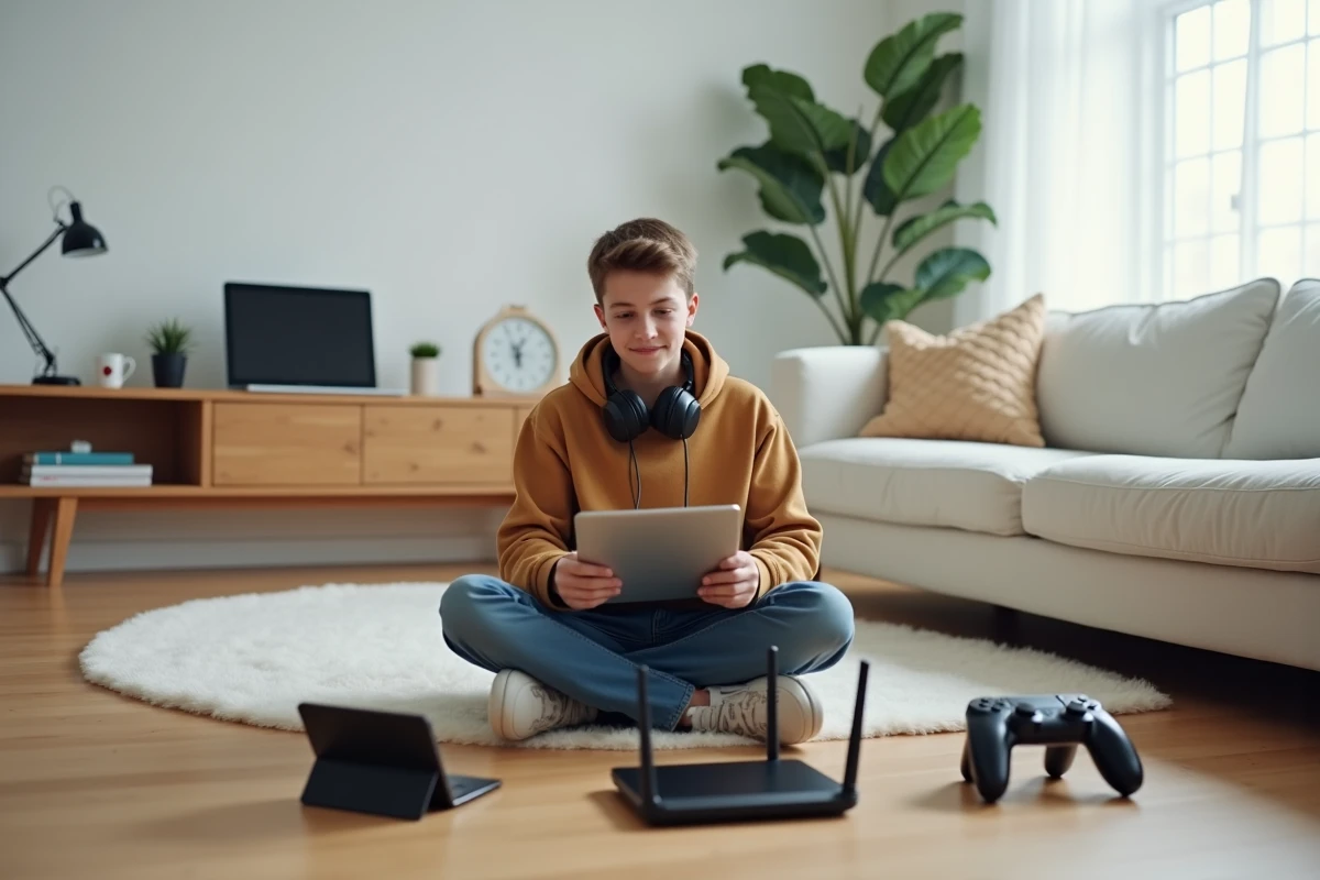 Adolescent entouré d'appareils connectés en Wi-Fi dans un salon minimaliste moderne avec routeur visible en arrière-plan