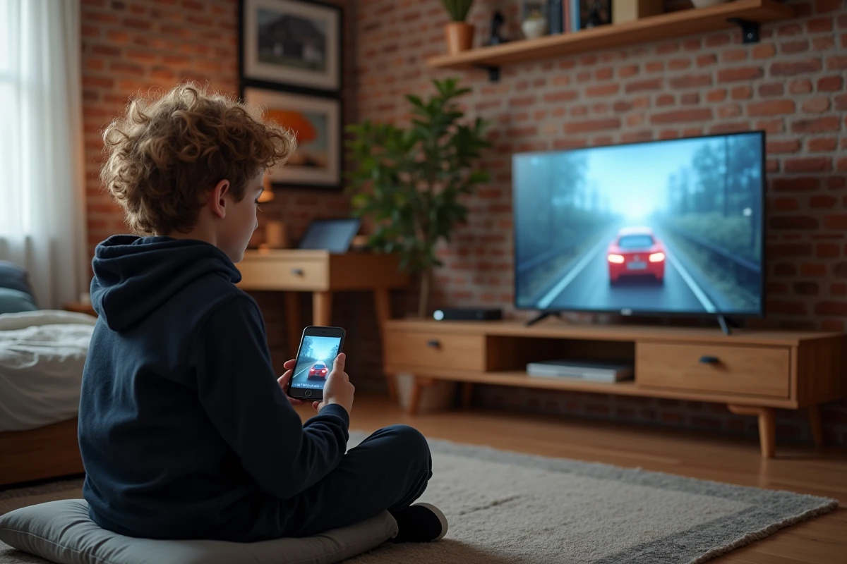 Adolescent utilisant une Smart TV Thomson pour regarder un stream de jeu vidéo dans sa chambre