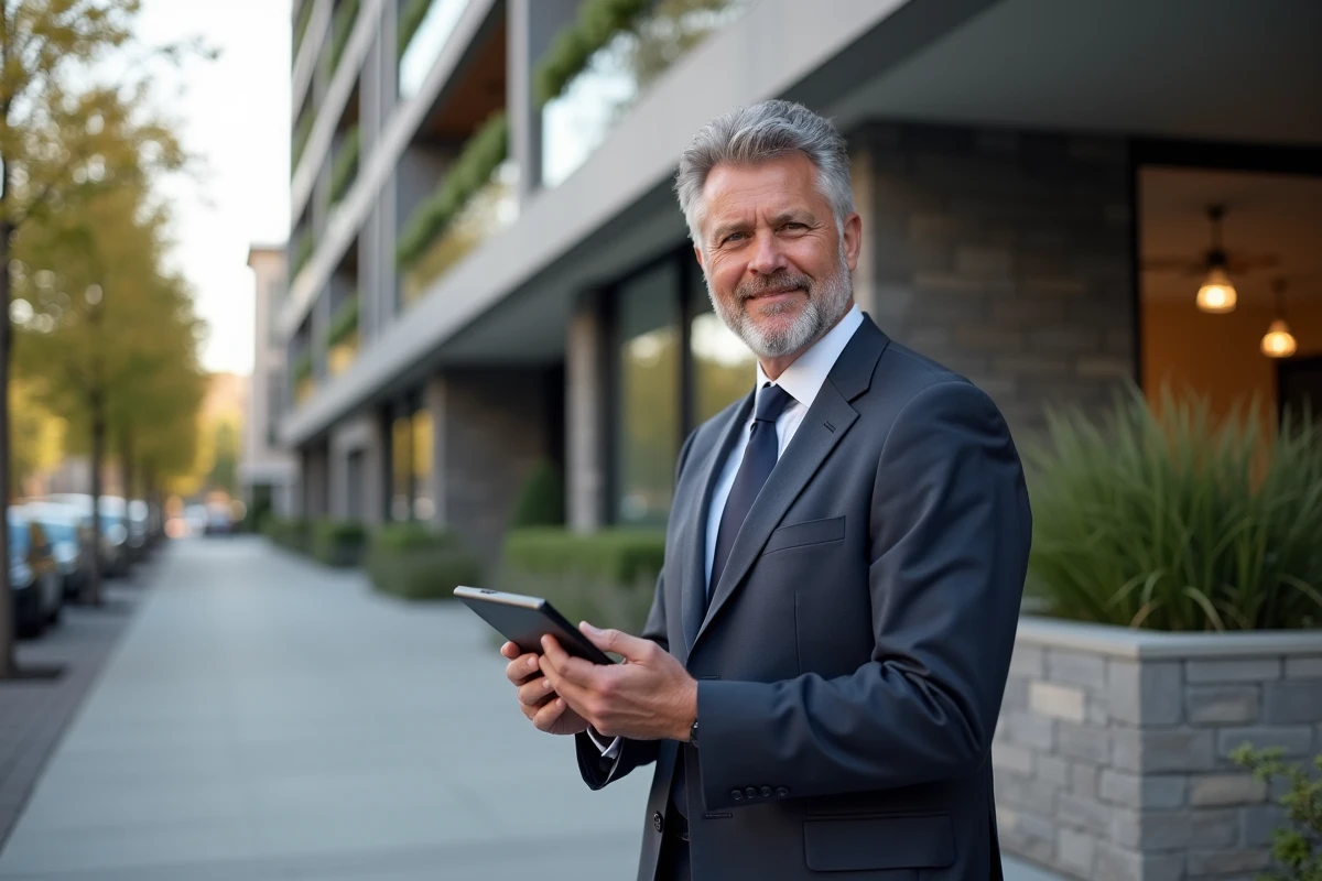Agent immobilier avec tablette devant un immeuble urbain