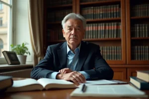 Portrait d'un intellectuel français reconnu dans son bureau personnel entouré de livres, illustrant la vie privée et la discrétion familiale d'Alain Bauer
