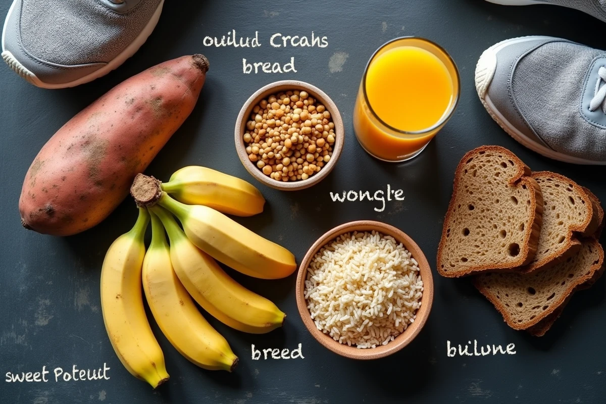 Vue aérienne d'aliments glucidiques pour l'entraînement sportif : patate douce, bananes, riz complet, pain et jus d'orange
