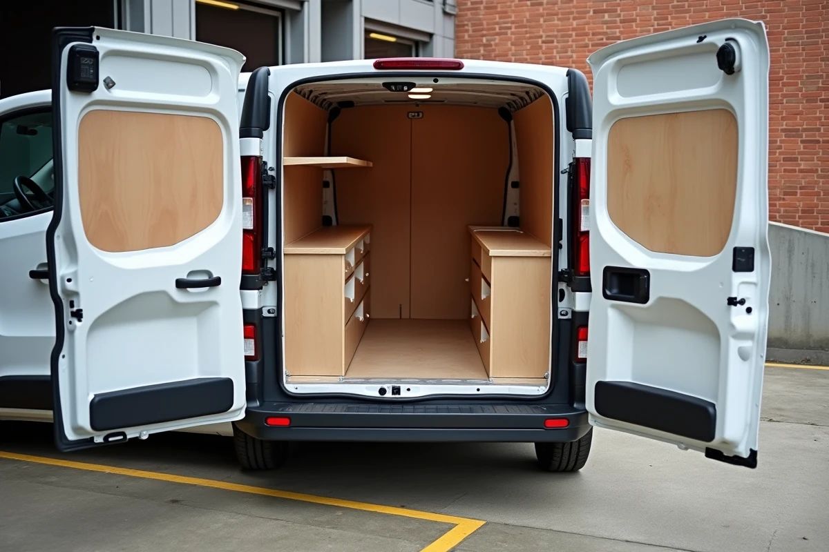 Renault Trafic L2H1 aménagé avec étagères et tiroirs en bois, portes arrière ouvertes sur un quai de chargement urbain