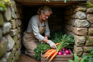 Femme installant des légumes racines dans une chambre froide extérieure écologique en pierre et bois au jardin en automne