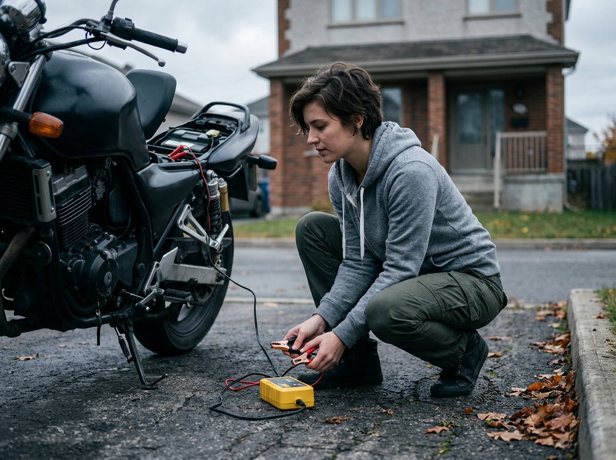 Femme branchant un chargeur de batterie sur une moto dans une allée avant de la confier à un ami