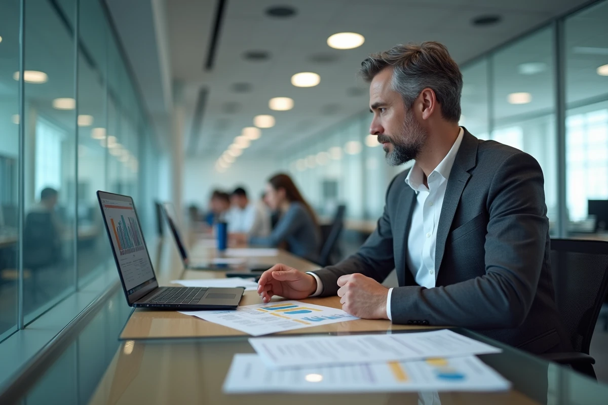 Chercheur CNRS analysant une grille salariale et des documents administratifs sur son bureau dans un laboratoire moderne