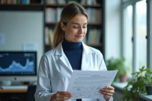 Chercheuse CNRS en blouse blanche étudiant un document académique dans son bureau universitaire avec tableau blanc et équations