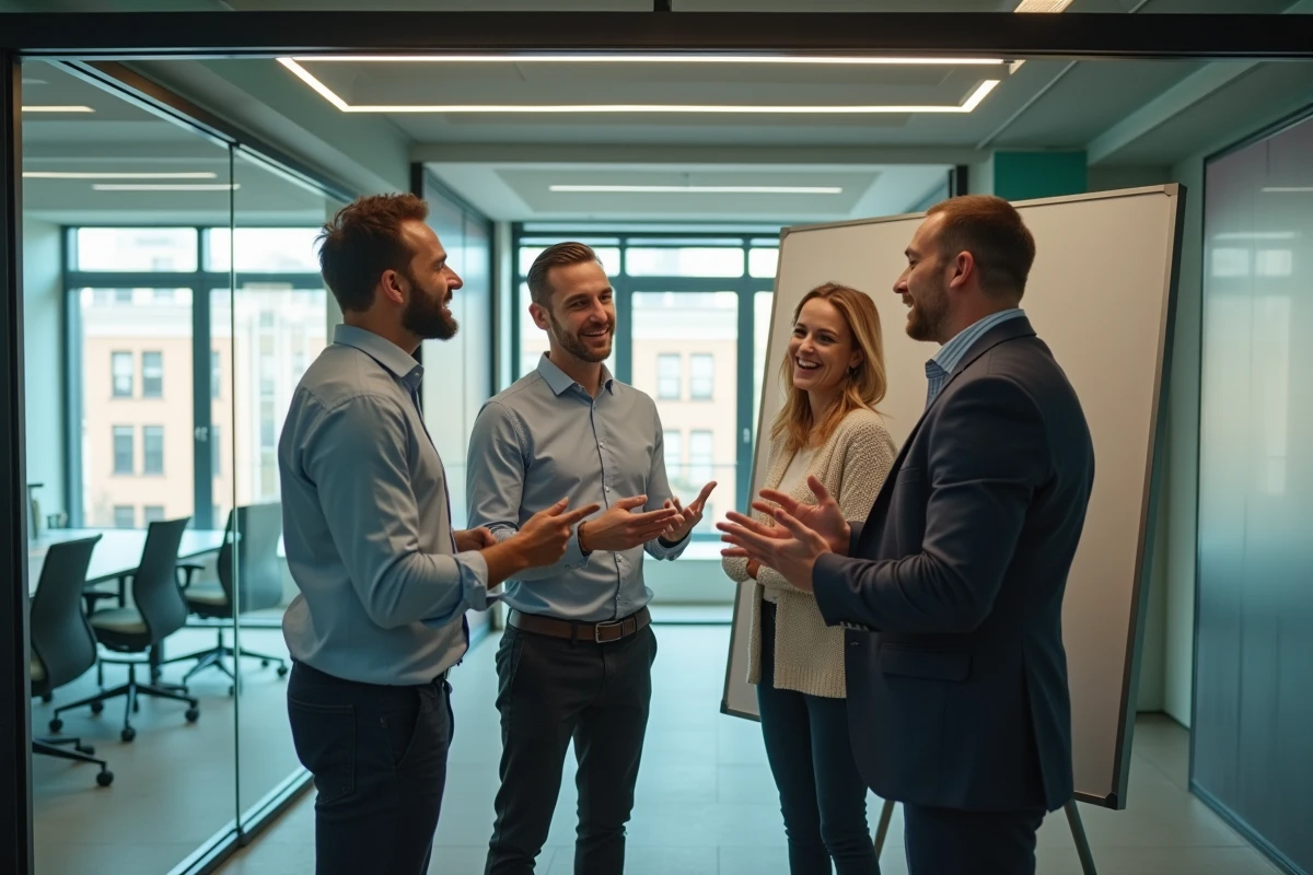 Groupe de professionnels collaborant dans une salle de réunion vitrée d'un espace de coworking