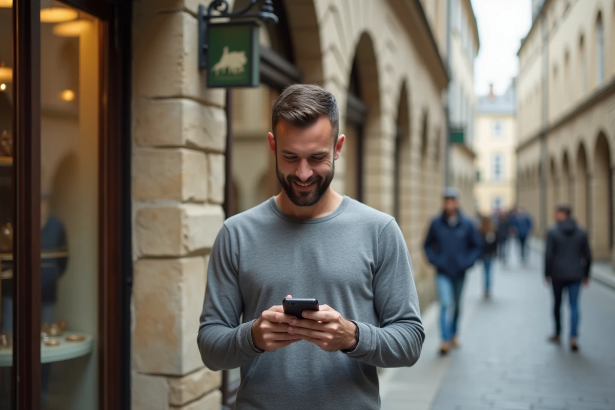 Commerçant de Bourges gérant sa réputation en ligne et ses avis clients sur smartphone devant sa boutique en centre-ville