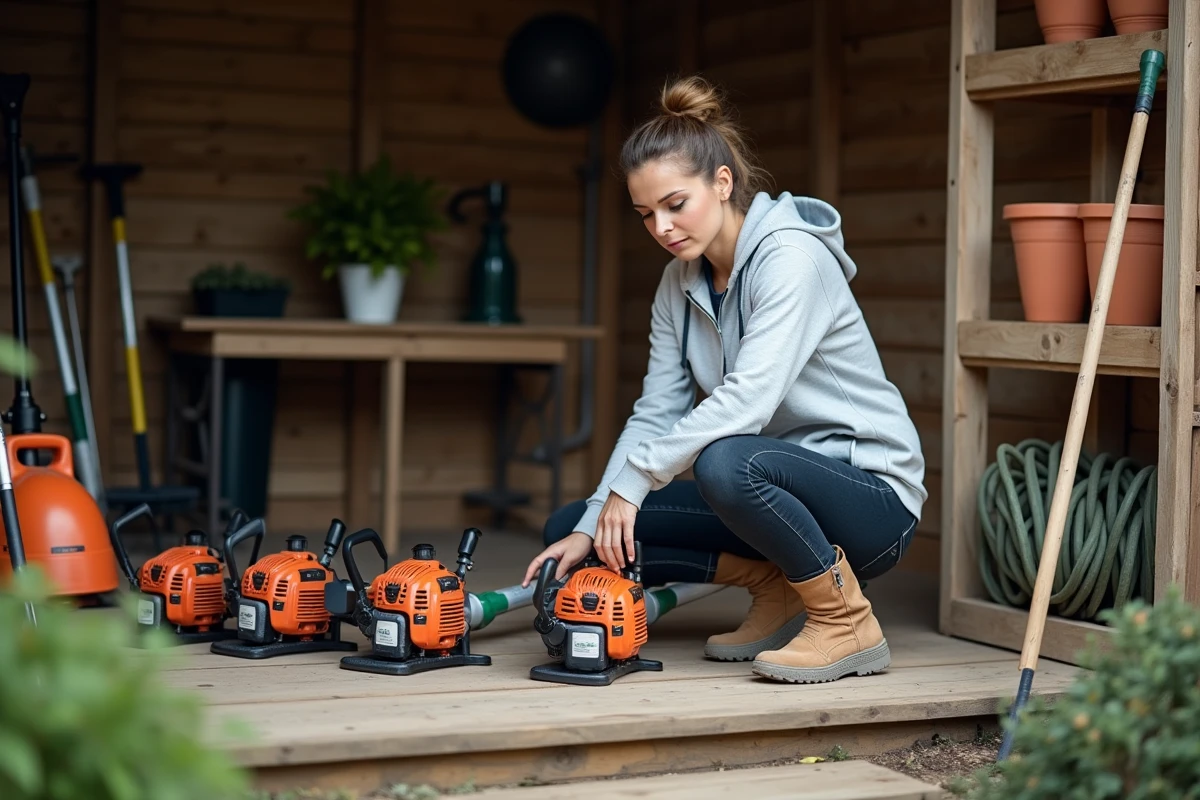 Femme comparant plusieurs modèles de coupe-bordures thermiques sur un établi de jardin avant achat