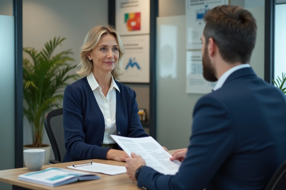 Assurée discutant de son contrat bonus petit rouleur MAIF avec un conseiller dans une agence d'assurance