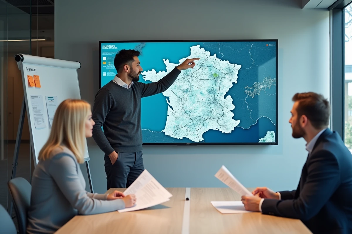 Consultant informatique présentant un système d'information géographique à des élus d'une collectivité territoriale française
