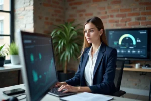 Consultante en e-réputation analysant des avis en ligne et des données de réputation numérique sur un ordinateur dans un bureau moderne à Bourges