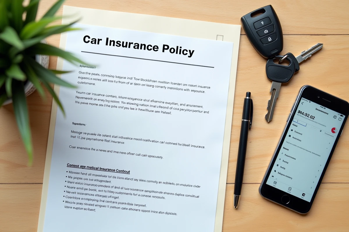 Vue de dessus d'un contrat d'assurance auto, de clés de voiture et d'un smartphone affichant un comparateur d'assurance sur une table en bois