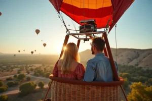 Couple tunisien dans une nacelle de ballon au-dessus de Dougga