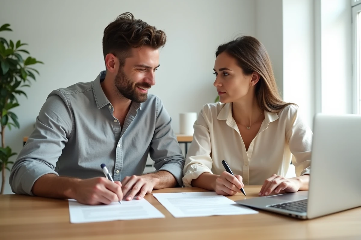 Jeune couple signant un acte de vente immobilier chez le notaire pour une maison à 200 000 euros