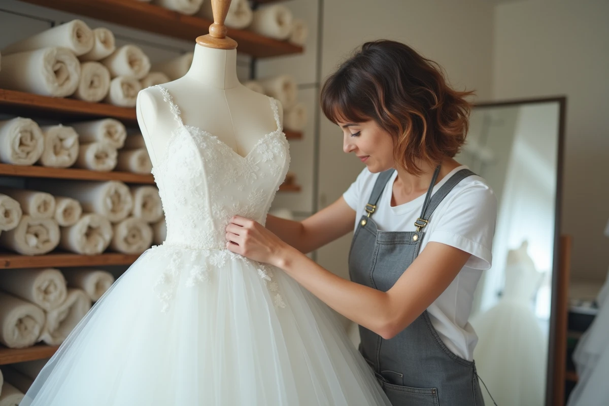 Couturière ajustant le tulle d'une robe de mariée sur un mannequin dans un atelier de couture parisien avec des rouleaux de tissu en arrière-plan