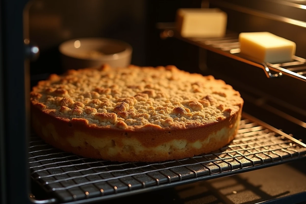 Gâteau yaourt pomme avec un crumble de flocons d'avoine dorés sorti partiellement du four