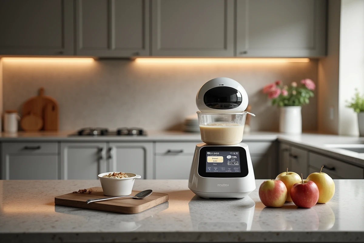 Robot cuiseur Companion avec un bol de pâte à gâteau en cours de mélange sur un plan de travail moderne