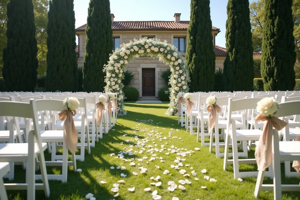 Décoration de cérémonie de mariage en plein air avec arche florale et chaises blanches devant un château en pierre en Provence