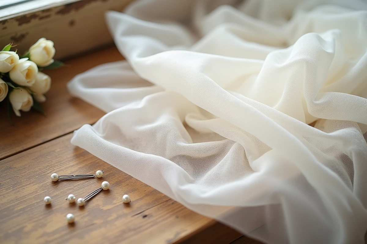 Détail de tissu tulle pour robe de mariée en couches multiples posé sur une table en bois avec des roses séchées et épingles à perles