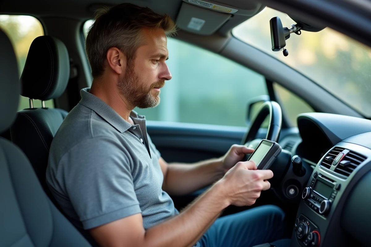 Technicien branchant un scanner OBD2 pour diagnostiquer le voyant ABS ESP d'une Peugeot 407