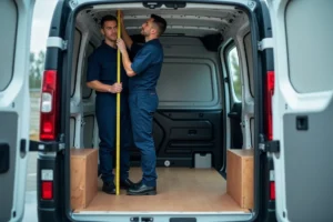 Technicien mesurant les dimensions intérieures d'un Renault Trafic L2H1 avec un mètre ruban dans un atelier professionnel