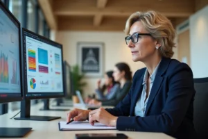 Employée municipale utilisant des outils numériques pour gérer les données budgétaires d'une collectivité locale en France