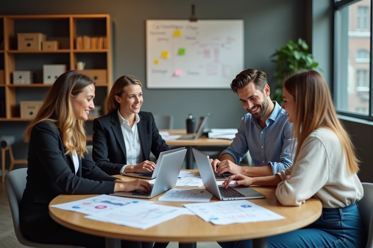 Équipe d'agence e-réputation en réunion de travail autour d'une stratégie de gestion d'image en ligne pour des clients locaux à Bourges