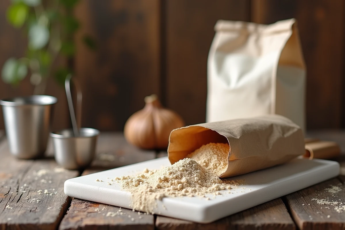 Sachet de farine de châtaigne ouvert à côté d'une farine classique sur un plan en bois rustique