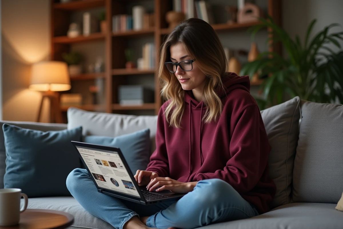 Jeune femme consultant les dernières actualités sur son ordinateur portable dans un salon moderne et confortable avec une tasse de café