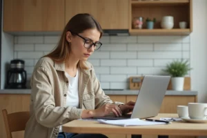 Femme consultant les documents de son bonus petit rouleur MAIF sur un ordinateur portable dans une cuisine moderne