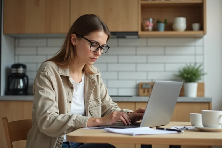 Femme consultant les documents de son bonus petit rouleur MAIF sur un ordinateur portable dans une cuisine moderne