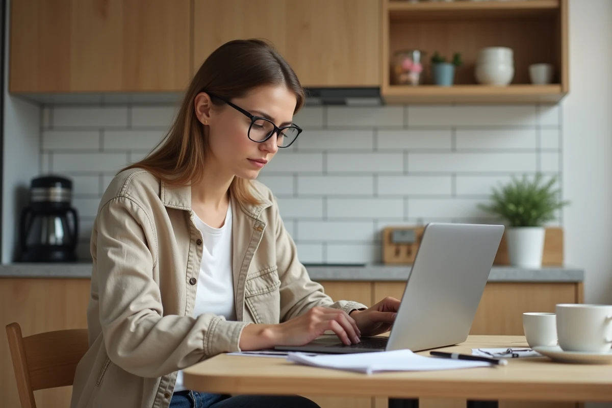 Femme consultant les documents de son bonus petit rouleur MAIF sur un ordinateur portable dans une cuisine moderne