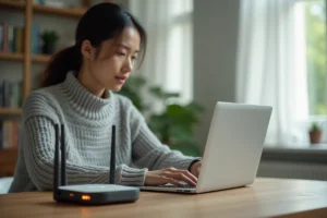 Femme travaillant sur un ordinateur portable à son bureau avec un routeur Wi-Fi au premier plan dans un bureau à domicile moderne