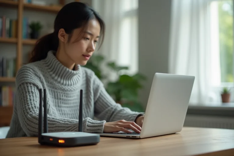Femme travaillant sur un ordinateur portable à son bureau avec un routeur Wi-Fi au premier plan dans un bureau à domicile moderne