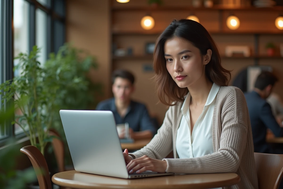Femme utilisant son laptop pour vérifier des serveurs eMule au café
