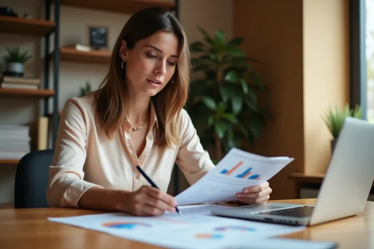 Femme comparant des offres d'assurance auto sur des documents papier et un ordinateur portable dans un bureau à domicile moderne