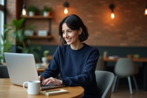 Femme travaillant sur un ordinateur portable dans un espace de coworking moderne avec murs en briques apparentes