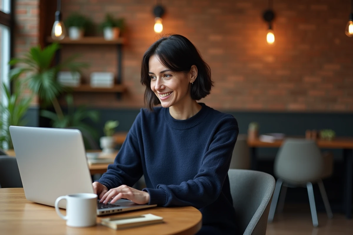 Femme travaillant sur un ordinateur portable dans un espace de coworking moderne avec murs en briques apparentes
