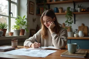 Femme dessinant des cartes mentales dans sa cuisine chaleureuse