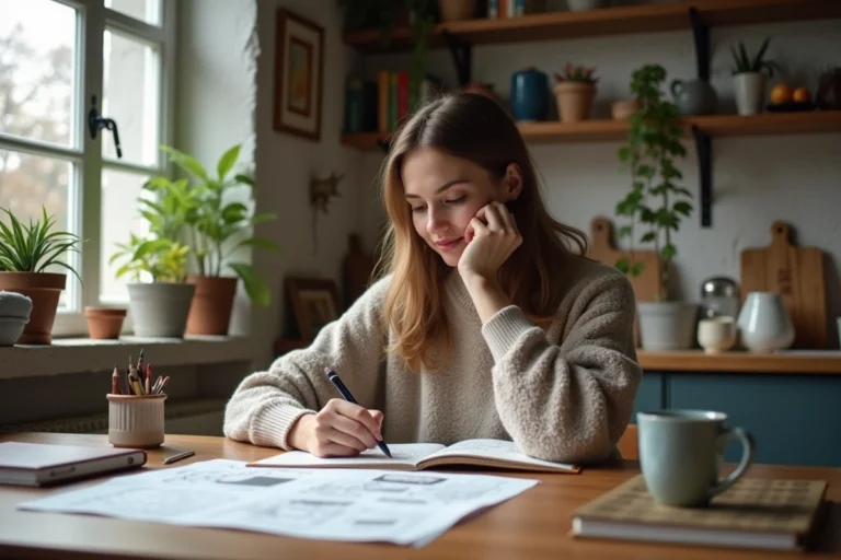 Femme dessinant des cartes mentales dans sa cuisine chaleureuse