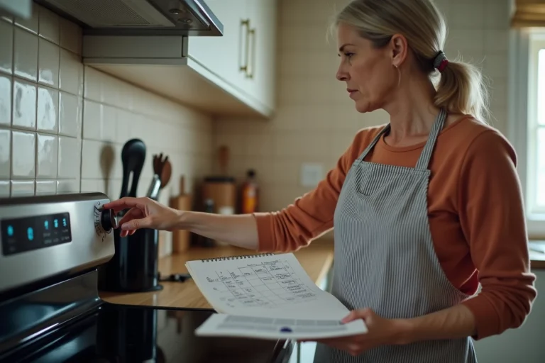Femme dans la cuisine vérifiant un thermostat