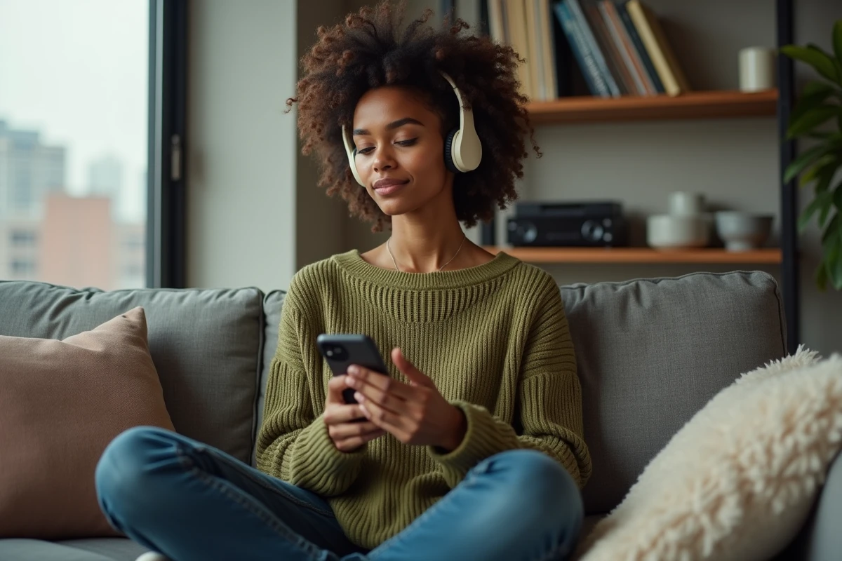 Jeune femme écoutant un podcast avec un casque sans fil dans un appartement moderne