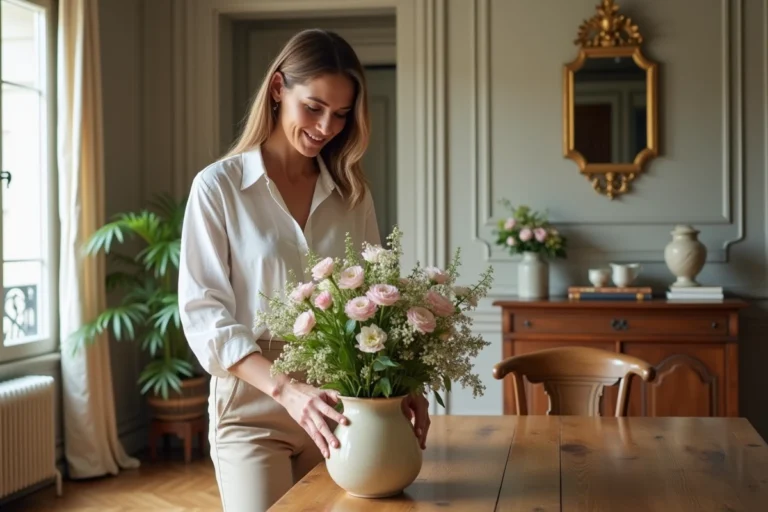 Femme arrangeant des fleurs dans un vase ancien dans un appartement parisien