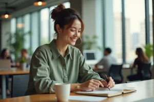 Femme souriante prenant des notes dans un carnet au bureau, illustrant le bonheur et la motivation au travail