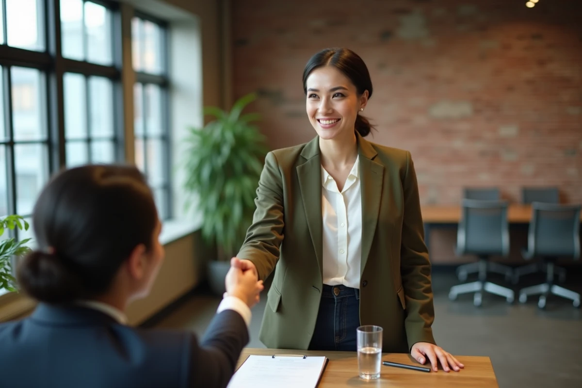 Femme ancienne militaire en entretien d'embauche présentant son expérience avec assurance à un recruteur