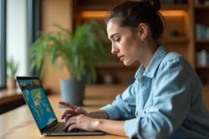 Femme naviguant sur un site de voyage depuis son bureau à domicile, illustrant la navigation en ligne sur une interface de voyage