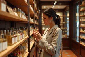 Femme examinant des flacons de parfum dans une parfumerie espagnole à Barcelone