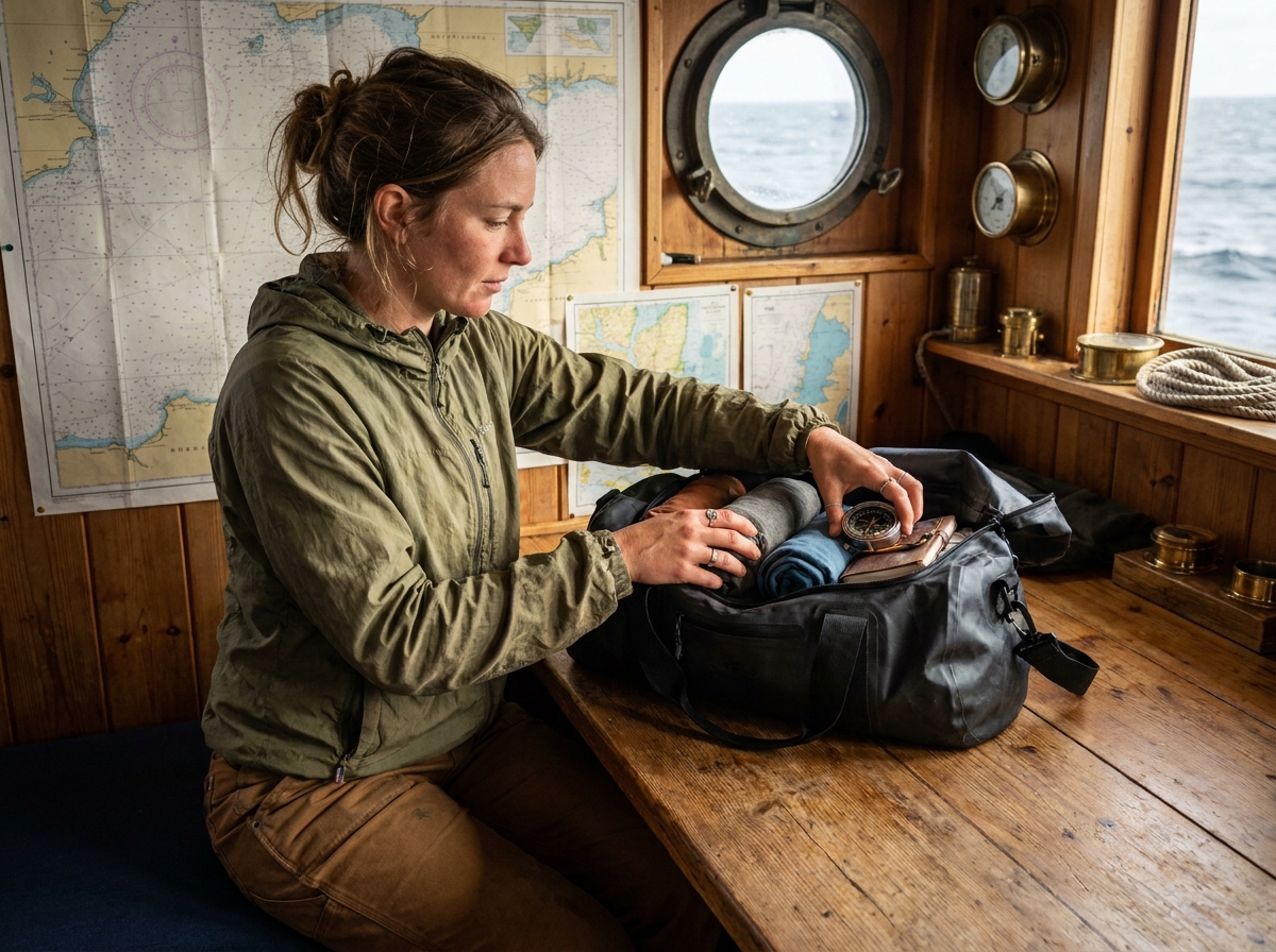 Jeune femme range ses affaires dans un sac étanche dans une cabine